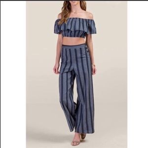 Francesca’s Alanna Off Shoulder Crop Top & High Waisted Blue Pants -Size Large